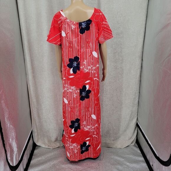 Hawaii Nei 70s Maxi Dress Kaftan Red Navy White Tropical Flutter Sleeves Women's - Picture 6 of 8